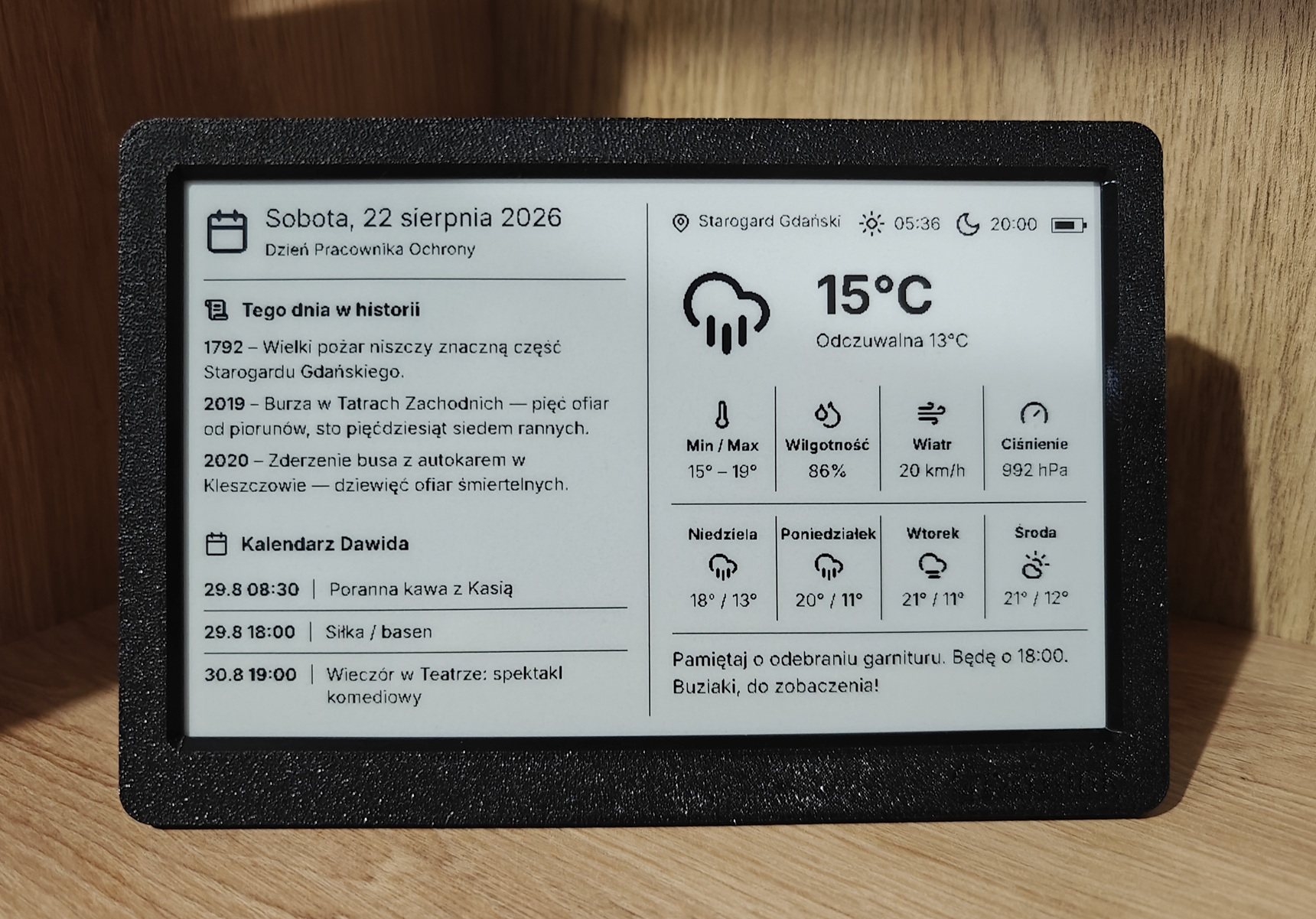 Grainink — matowy ekran e-paper z datą, pogodą i kalendarzem